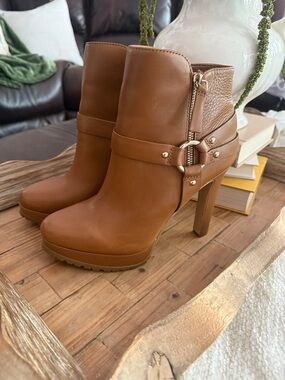 Gianni Bini Cognac Brown High-Heel Ankle Boots with Buckle Detail